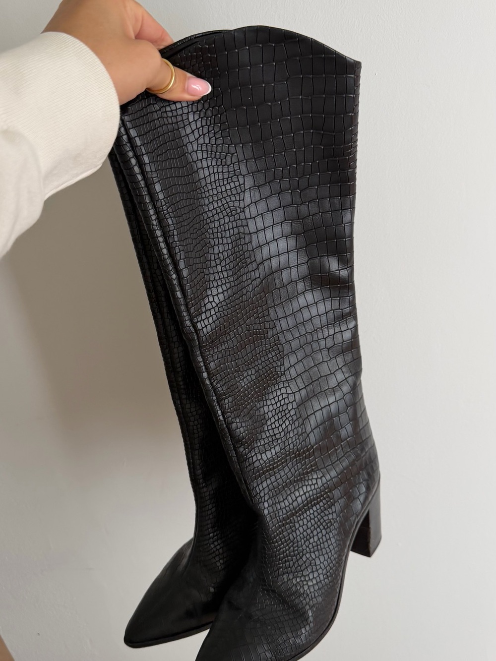 SCHUTZ Black Croc-Embossed Knee Boots with Pointed Toe